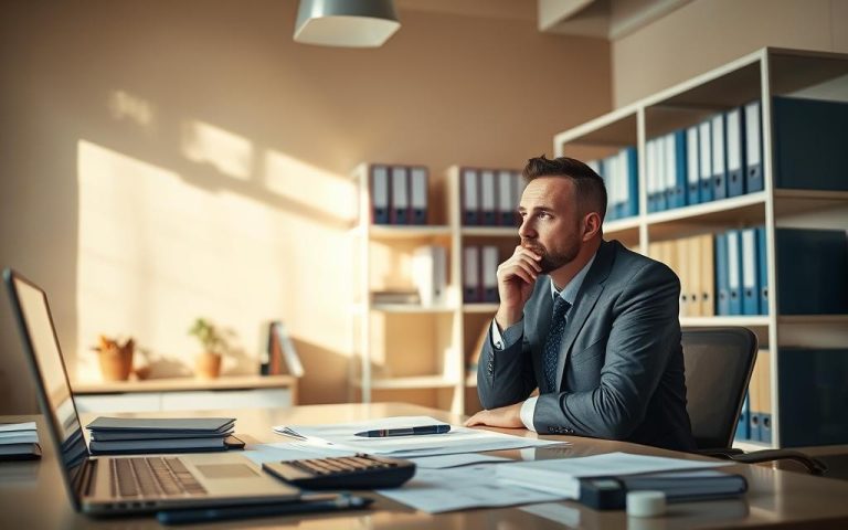 A Sunlit Office Setting, With A Well-Organized Desk Featuring Various Financial Documents, A Laptop, And A Calculator. In The Foreground, A Businessman In A Suit Contemplates Strategies, His Expression Focused. The Middle Ground Showcases Shelves Filled With Binders And Files, Conveying An Air Of Professionalism And Attention To Detail. The Background Incorporates Warm, Muted Tones, Creating A Calm And Contemplative Atmosphere. Subtle Lighting From Overhead Casts A Soft Glow, Emphasizing The Importance Of The Task At Hand. The Overall Composition Suggests A Thoughtful, Proactive Approach To Preventing Future Irs Audits.